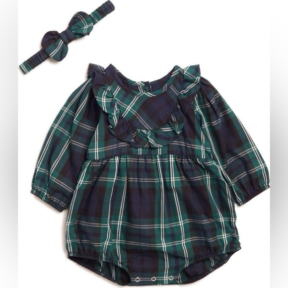 Rare Editions Other - Rare Editions Ruffle Trim Plaid Bubble Romper & Headband, GREEN, Size 24M, NWT